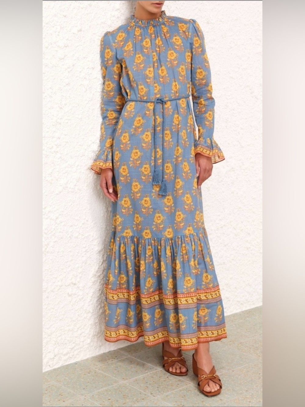 Zimmermann JUNIE Blue Maxi Dress with Yellow Floral Print and Tassel Tie